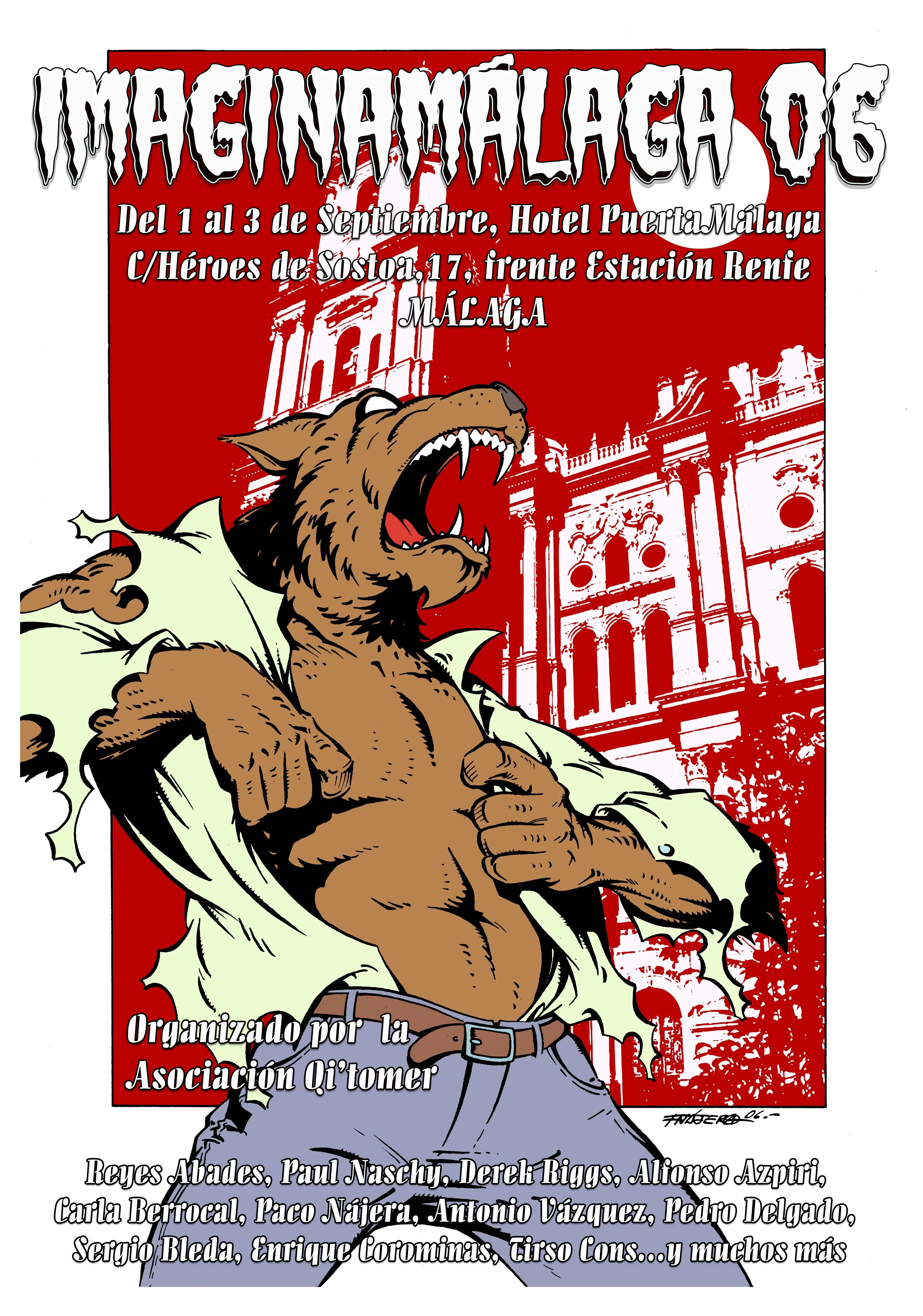 Cartel del evento ImaginaMálaga del año 2006, segunda edición. Ilustración de Antonio Rojo y Alberto Foche donde aparece una momia con los ojos rojos y los vendajes deshechos, dejando al descubierto su piel verdosa en varias partes.