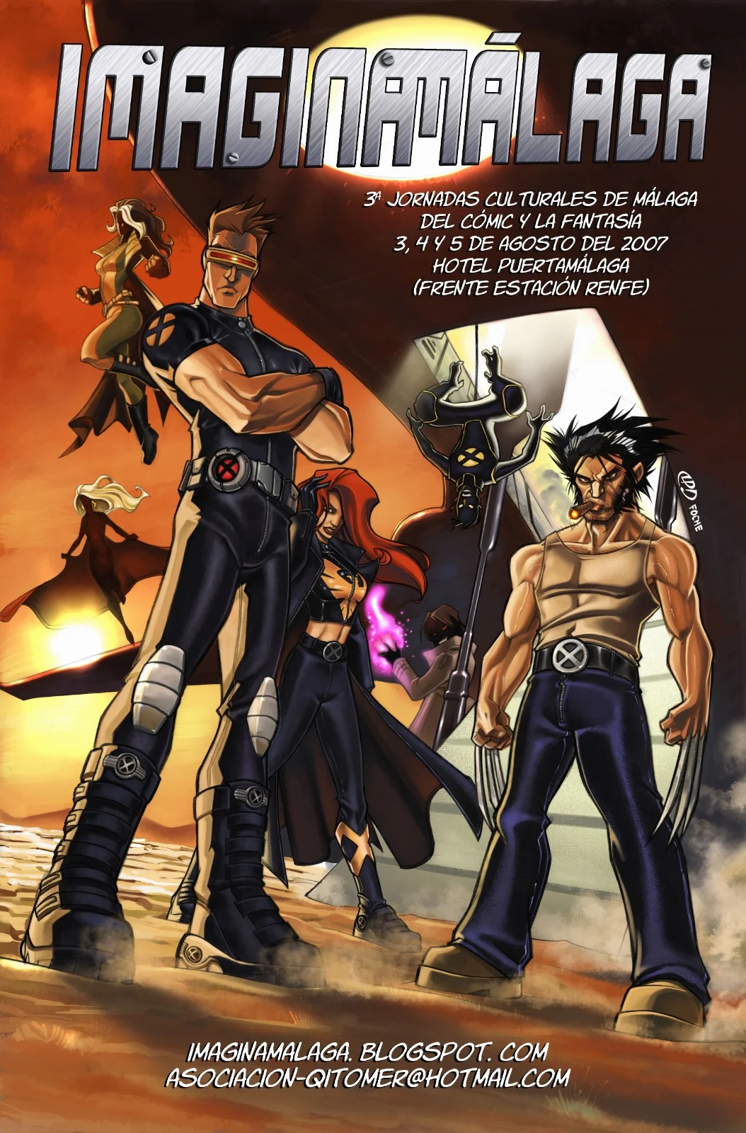 Cartel del evento ImaginaMálaga del año 2007, terceras jornadas culturales de Málaga del cómic y la fantasía. Ilustración de Pedro Delgado y Alberto Foche, donde puede verse a la patrulla X, o X-Men, bajando de su nave y dispuestos a enfrentar cualquier peligro. Vemos a Lobezno (Wolverine), Cíclope (Cyclops), Tormenta (Storm), Bestia (Beast), Pícara (Rogue), Gambito (Gambit) y Rondador Nocturno (Nightcrawler)