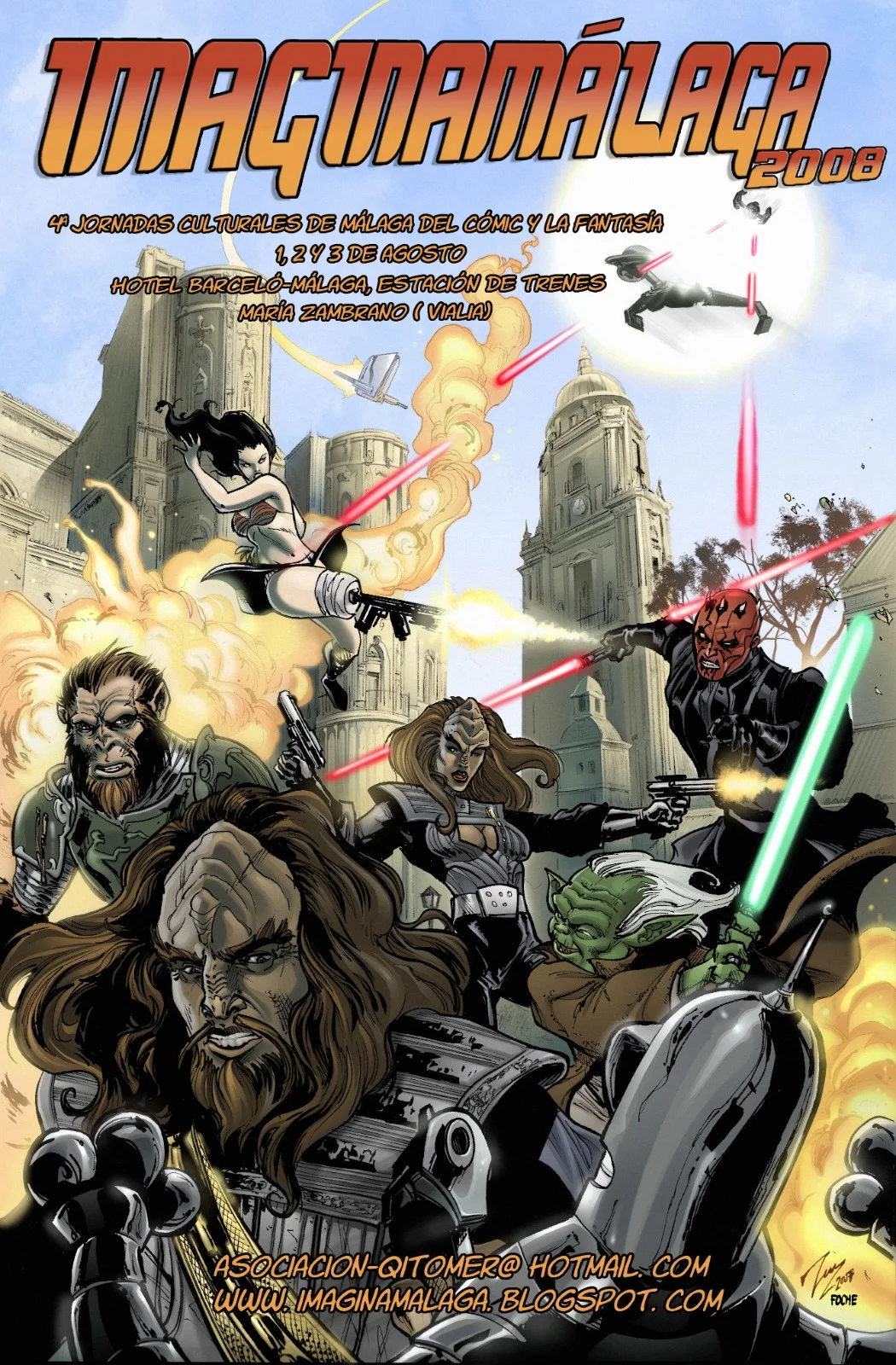 Cartel del evento ImaginaMálaga del año 2008, cuartas jornadas culturales de Málaga del cómic y la fantasía. Ilustración de Vicente Cifuentes y Alberto Foche, donde se muestra un combate entre varios personajes de la ficción en medio de la ciudad de Málaga, como Bender, de Futurama, Yoda y Darth Maul, de Star Wars, Cherry Darling, de Planet Terror, entre otros.