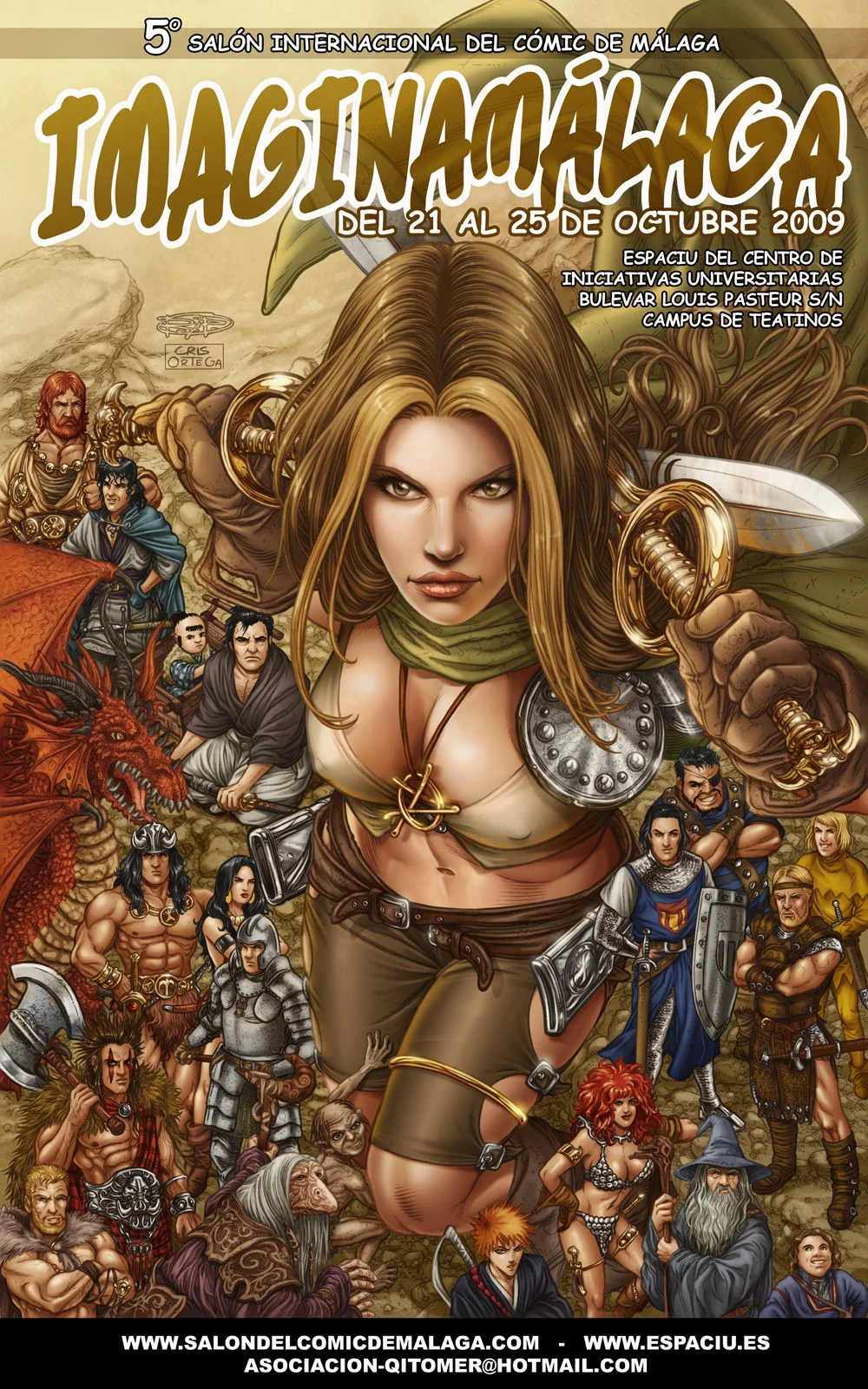 Cartel del evento ImaginaMálaga del año 2009, quinto salón internacional del cómic de Málaga. Ilustración de Juanjo RyP y Cris Ortega, en el que aparecen multitud de personajes del ámbito de la ficción con sus armas, armaduras y demás objetos característicos, desde Gandalf y Golum de El Señor de los Anillos, hasta Ichigo Kurosaki, del manga y anime Bleach.