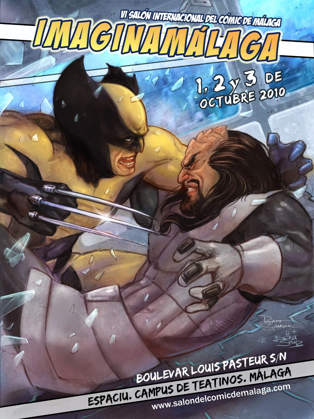 Cartel del evento ImaginaMálaga del año 2010, sexto salón internacional del cómic de Málaga. Ilustración de Rafa Sandoval y Esther Sanz en la que se muestra a Lobezno (Wolverine) de los X-Men atacando a un Klingon, raza de humanoides alienígenas del universo de Star Trek.